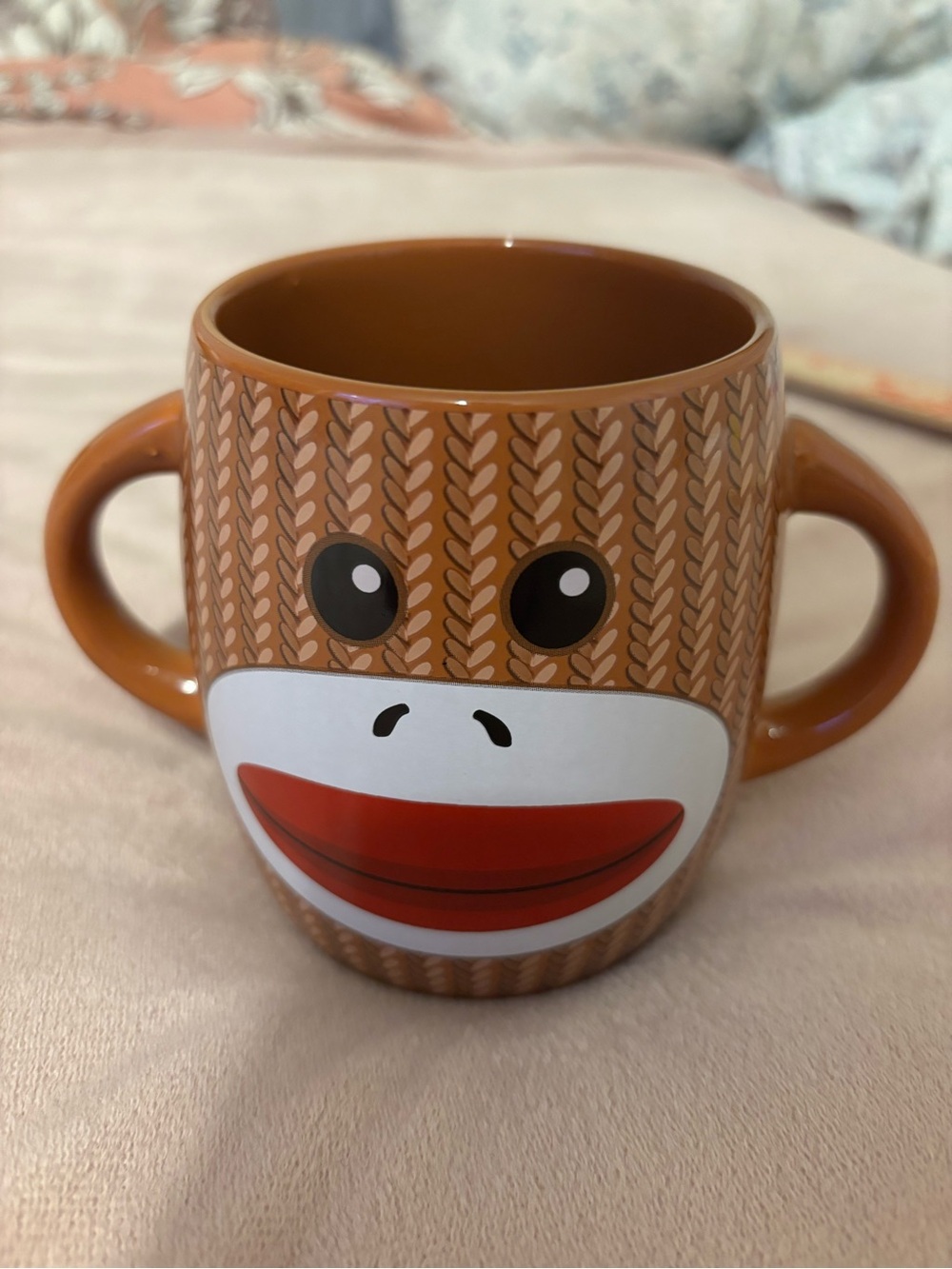 Galerie Sock Monkey Ceramic Mug Brown Knit Print Double Handle Coffee Cup